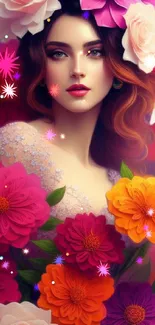 Elegant woman with colorful floral crown art.