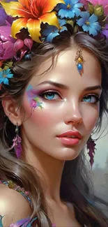 Woman with vibrant floral crown in fantasy art style.