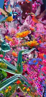 Colorful floral fantasy wallpaper with birds and blossoms.