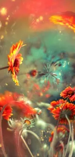 Colorful red and orange floral fantasy wallpaper with artistic dreamy background.