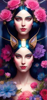 Fantasy art wallpaper with vibrant floral elements and dual portrait.