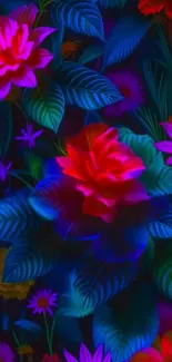 Vibrant floral wallpaper with colorful blooms and leaves.