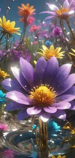 Vibrant digital artwork of colorful flowers glowing in a mystical garden scene.