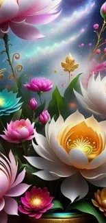 Vibrant floral fantasy art with diverse colored lotus flowers.
