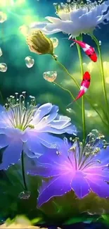 Fantasy floral scene with colorful flowers and fish