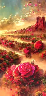 Vibrant pink floral fantasy landscape with colorful roses.