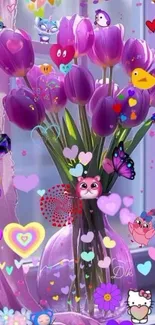 Purple tulips with cartoon creatures illustration.