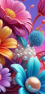 A vibrant and colorful floral fantasy wallpaper featuring abstract flowers.