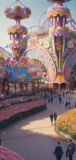 Whimsical floral theme park with vibrant colors and enchanting architecture.