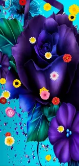 Vibrant turquoise background with purple and blue flowers.