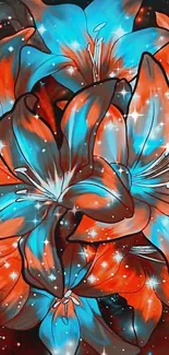 Vibrant blue and orange flowers on a dark background wallpaper.