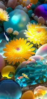 Vibrant yellow flowers with colorful stones and fish, creating a lively wallpaper scene.