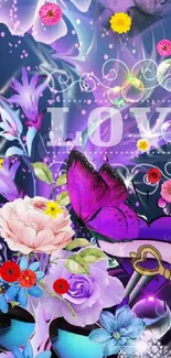 Vibrant floral fantasy wallpaper with butterflies and purple theme.