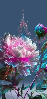 Vibrant floral wallpaper with pink and blue flowers on a mobile screen background.