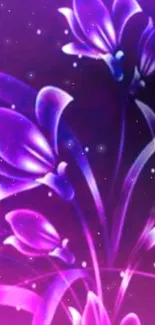 Vibrant wallpaper with glowing purple and pink flowers on a dark background.