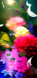 Vibrant flowers, feathers, glowing lights wallpaper.