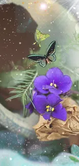 Purple flowers with butterflies and sparkles wallpaper