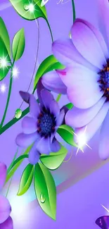 Purple floral wallpaper with green leaves and a sparkling effect.