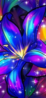 Vibrant blue and purple floral abstract wallpaper with fantasy design.