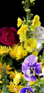 Vibrant wallpaper with yellow and purple flowers.