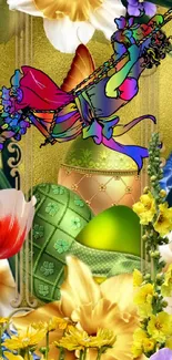 Colorful floral fantasy wallpaper with exotic fairy.