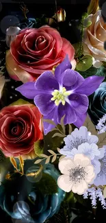 Vibrant floral wallpaper with roses and colorful blossoms.