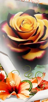 Stunning yellow and red rose with lush greenery and artistic swirls.