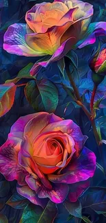 Vivid purple roses with colorful leaves on a dramatic background.