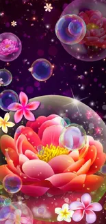 Vibrant floral wallpaper with colorful flowers and cosmic bubbles.