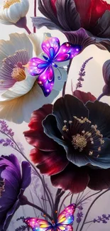 Vibrant floral wallpaper with colorful butterflies.