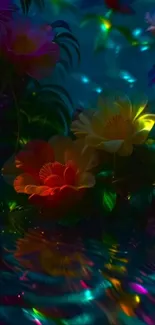 Vibrant flowers with reflections in a dark, dreamy setting.