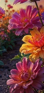 Vibrant pink and orange flowers against a garden backdrop.