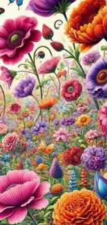 Colorful floral fantasy wallpaper with butterflies and vibrant blooms.