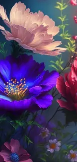 Vibrant floral wallpaper featuring colorful blossoms and artistic design.