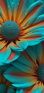 Vibrant turquoise and orange flowers close-up wallpaper.