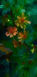 Vibrant floral fantasy mobile wallpaper with green hues.