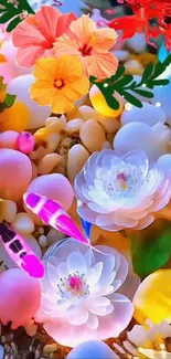 Colorful floral fantasy wallpaper with vibrant blossoms.