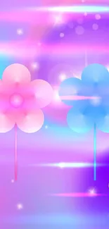 Pink and blue flowers on a dreamy purple background