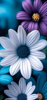 Colorful floral wallpaper with blue and purple blooms.