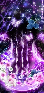 Purple floral fantasy wallpaper with butterflies and glowing stars.