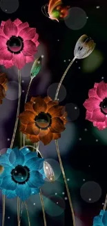 Colorful floral wallpaper with butterfly and dark background.