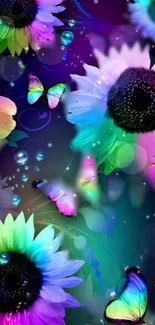 Vibrant floral wallpaper with colorful flowers and butterflies.