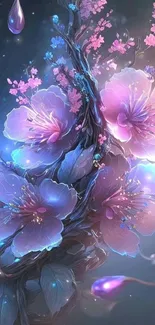 Vibrant floral fantasy wallpaper with pink and purple blooms on a blue background.