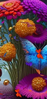 Vibrant floral fantasy wallpaper with colorful flowers and a blue butterfly.