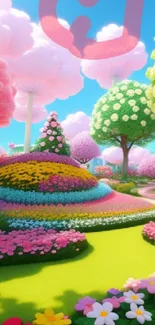 Vibrant floral fantasy garden with colorful flowers and a clear blue sky.