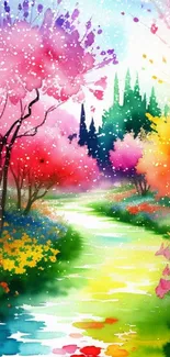 Vibrant watercolor landscape with pink flowers and trees.