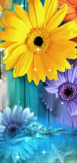 Colorful floral wallpaper with daisies and sparkles over a wooden backdrop.