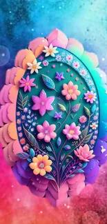 Colorful 3D flower design wallpaper with a vibrant gradient.