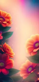 Vibrant floral fantasy wallpaper with cosmic background.