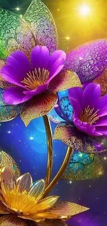 Vibrant floral fantasy wallpaper with colorful flowers and shimmering lights.